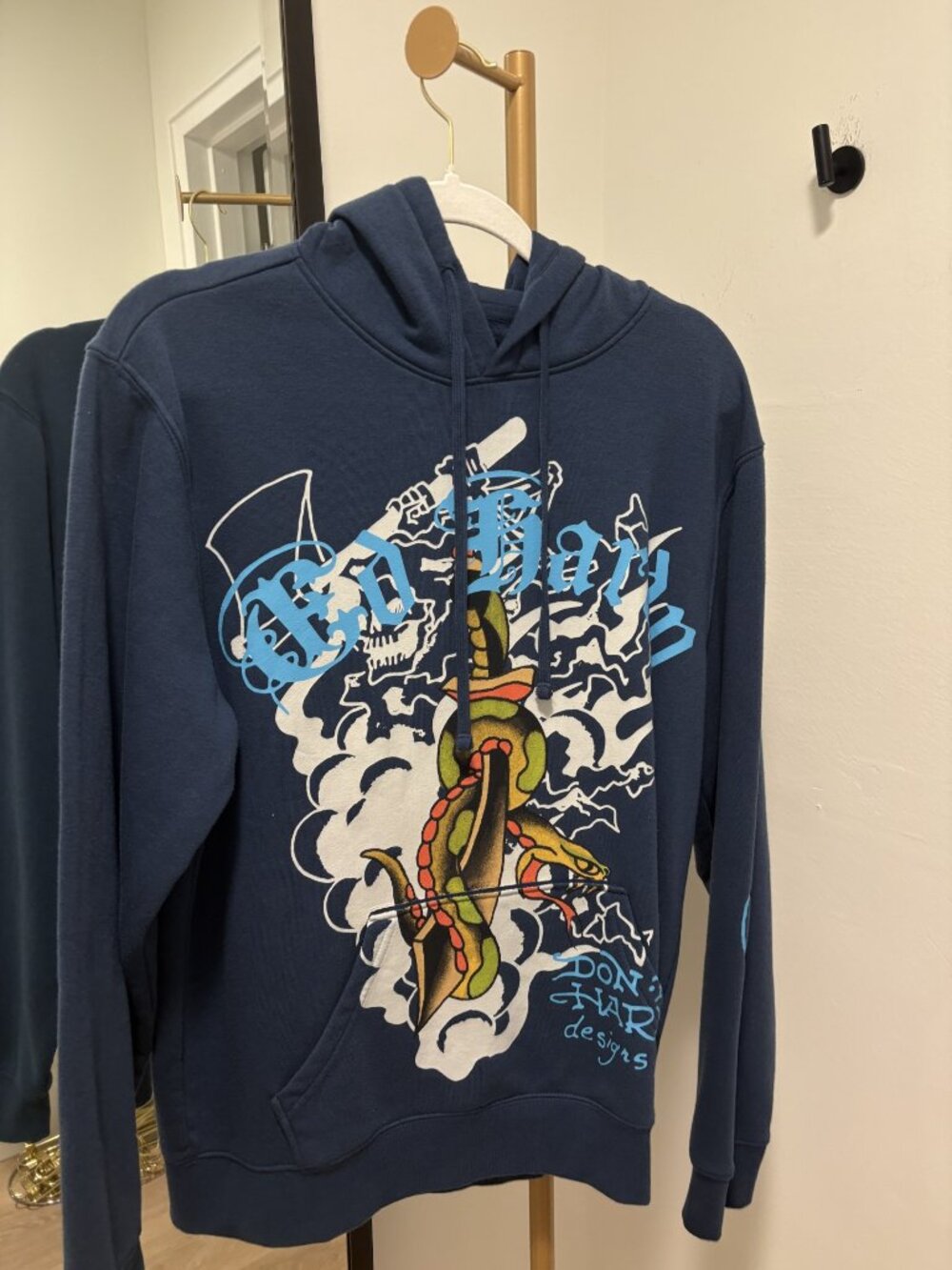 Ed Hardy Blue Hoodie size medium with printed logo